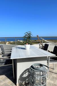 a table with a potted plant sitting on top of a patio at Yamina Rooftop Residence in Agia Pelagia