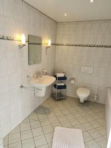 ein Bad mit einem Waschbecken und einem WC in der Unterkunft ElHa's FeWo in Gladbeck