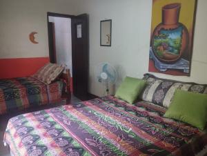 a bedroom with a bed and a pillow and a fan at Cafetín-Hostal Rincón NICA in Granada