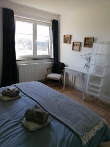 een slaapkamer met een bed, een bureau en een raam bij La Barsouille in Barsy