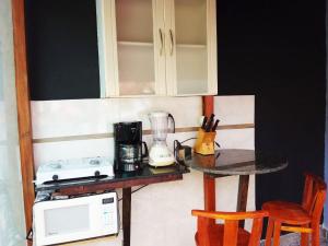 a kitchen with a counter with a blender and a microwave at Espaço aconchegante Blumenau in Blumenau