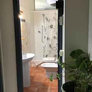 a bathroom with a toilet and a shower and a sink at casa Marilena in Tivoli