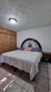 Hermosa Casa Silemi en Puerto Vallarta في Las Juntas: غرفة نوم بسرير كبير مع اللوح الخشبي