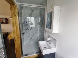 ein Bad mit einer Dusche und einem Waschbecken in der Unterkunft Bumble Bee Cabin in Bootle