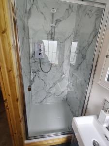 a bathroom with a shower and a sink at Bumble Bee Cabin in Bootle