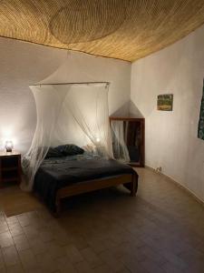 a bedroom with a bed with a mosquito net at Case beach in Ngalou Sessène