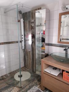 La salle de bains est pourvue d'une douche en verre et d'un lavabo. dans l'établissement Gîte familial de charme entier en Gascogne, à Marseillan