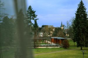 a view of a park with a building and trees at Pension Fontana in Poděbrady