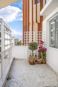 アテネにあるOlvar's Modern Luminous Suite , Athens Downtownの鉢植えの植物2本と窓のあるバルコニー