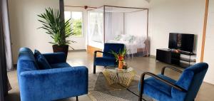 a living room with two blue chairs and a television at Al Camar Lodge in Ndzaouze