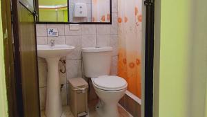 La salle de bains est pourvue de toilettes et d'un lavabo. dans l'établissement Hostal La Siesta, à Baños