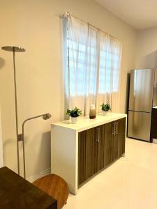 una cocina con nevera y una encimera con plantas. en Luxurious Beachside 3-Br Apt, en San Juan 30 fotos más