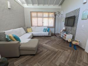 uma sala de estar com um sofá e uma televisão em Linda Casa Praia de Pauba em condominio em São Sebastião