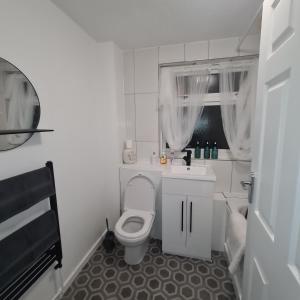 een kleine badkamer met een toilet en een wastafel bij Freshen-Up Stays in Oakengates