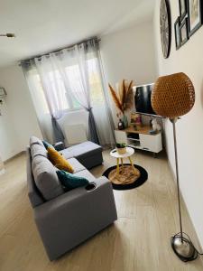 Maisonnette indépendante au calme في فيتيل: غرفة معيشة مع أريكة رمادية وتلفزيون