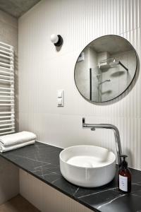 a bathroom with a sink and a mirror on a counter at THE HOUSE near Lake & Old Town in Olsztyn