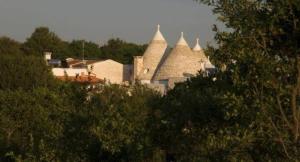 a group of buildings with trees in the foreground at TRULLI ALLEGRETTI in Noci