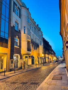 a cobblestone street in a city at night at Rost Apartments in Bielsko-Biała