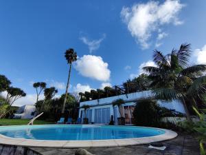 a swimming pool in front of a house with a palm tree at Quinta Minuvida in Rabo de Peixe