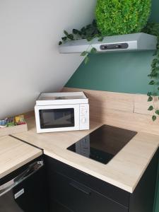 a microwave oven sitting on top of a counter at Le Safari - Dormir Comme A La Maison in Guérande