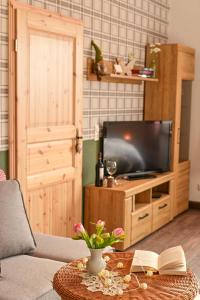 een woonkamer met een televisie en een salontafel bij Fewo Pöhlbergblick Wolkenstein in Wolkenstein