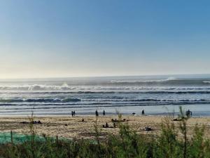 eine Gruppe von Menschen an einem Strand in der Nähe des Ozeans in der Unterkunft Appart tout à portée de tongs! in Mimizan