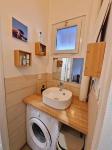 ein kleines Bad mit einem Waschbecken und einer Waschmaschine in der Unterkunft Appart tout à portée de tongs! in Mimizan