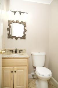 y baño con aseo, lavabo y espejo. en AMAZING Home with PRIVATE HEATED POOL, GAME ROOM & FIRE PIT!, en East Stroudsburg