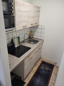 eine kleine Küche mit einer Spüle und einer Mikrowelle in der Unterkunft CityApartment Platinum-Zentrum mit Parkplatz in Bielefeld