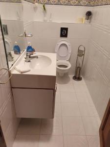 a small bathroom with a sink and a toilet at La villa de la mer in Sidi Bou Jobline