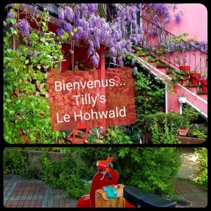 dos fotos de un jardín con flores púrpuras y un cartel en Tilly's B&B and apartment house, en Le Hohwald