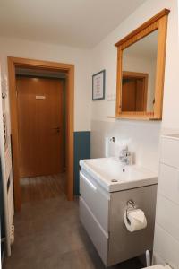 ein Bad mit einem Waschbecken und einem Spiegel in der Unterkunft Dat Niehuus Tarnewitz in Boltenhagen