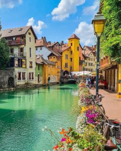 a view of a river in a city with buildings at Beethoven Super emplacement vieille ville in Annecy