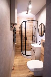 a bathroom with a shower with a toilet and a sink at Z widokiem na Zamek in Szczytna
