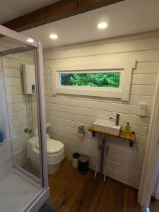 a small bathroom with a toilet and a sink at Gemütliches Tinyhouse im Garten einer Villa in Bad Sauerbrunn
