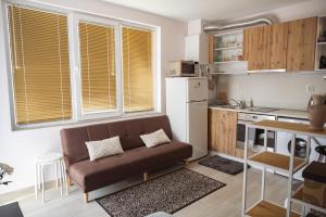 a living room with a couch and a kitchen at Paradise Guest Apartment in Sofia