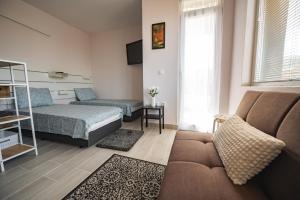 Paradise Guest Apartment في صوفيا: غرفة معيشة مع سرير وأريكة