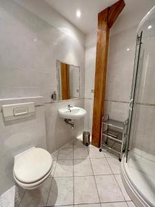 茲諾伊莫的住宿－維多利亞旅館，浴室配有卫生间、盥洗盆和淋浴。