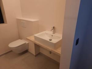 een badkamer met een witte wastafel en een toilet bij Komo Hill Stays - guestroom Komo Cosy in Kruisem