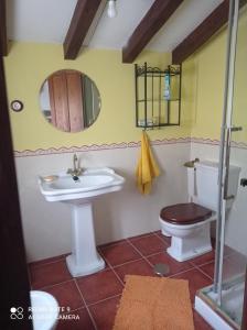 uma casa de banho com um lavatório, um WC e um espelho. em Casa Capricho em Proaza