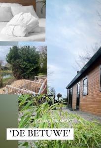 a collage of photos with a bed and a house at Recreatiepark de Markplas in Opheusden