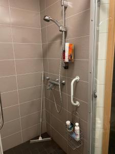 a shower with a shower head in a bathroom at Studiohuoneisto Valtakatu 45, sauna, AC, WiFi in Lappeenranta