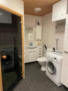 een badkamer met een wasmachine en een wasmachine bij Studiohuoneisto Valtakatu 45, sauna, AC, WiFi in Lappeenranta