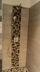 a shower in a bathroom with a checkered floor at FeWo-Seefunkeln in Diensdorf am Scharmützelsee in Diensdorf-Radlow