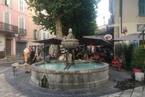 une fontaine au milieu d'une rue avec des parasols dans l'établissement Au coeur de la Provence - Entre mer et Verdon, à Flayosc