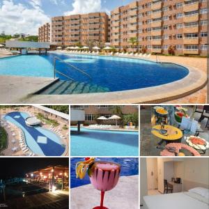 un collage de fotos de una piscina en Gran Lençóis Flat Residence Barreirinhas - Mandacaru 211 en Barreirinhas