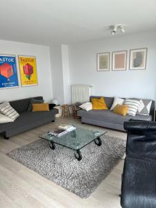 a living room with two couches and a coffee table at Blankeduyn Koksijde in Koksijde