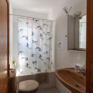 a bathroom with a toilet and a shower curtain with dolphins at Apartamentos con vistas al mar en El Remo in Los Llanos de Aridane
