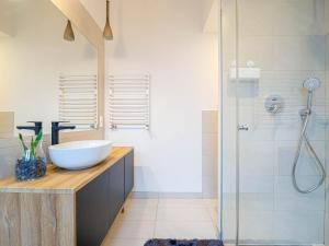 a bathroom with a sink and a shower at Apartament Bocheńska in Krakow