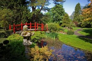 紐布里奇的住宿－The Curragh Country House Accommodation，花园池塘上的红桥